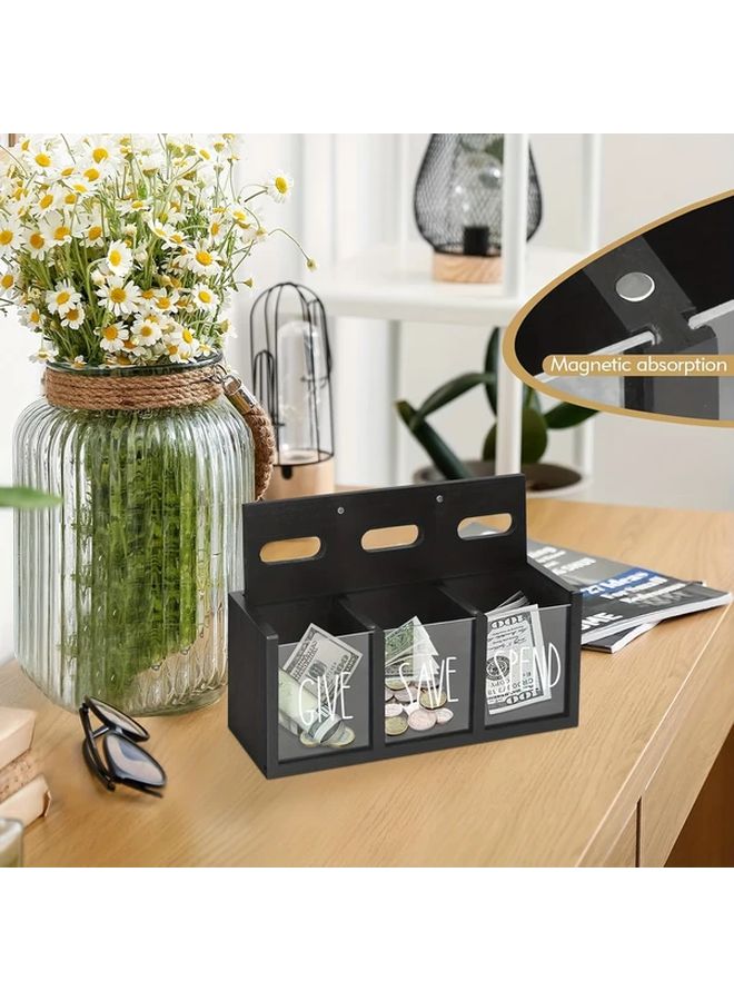 Black Wooden Money Saving Box With Magnetic Lid 3 Compartments For Give Save Spend Office Decor - Image 3